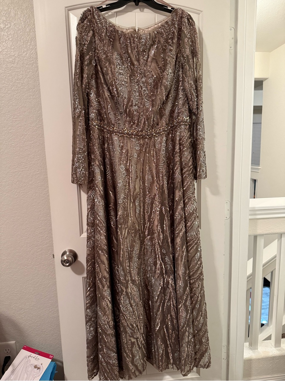 Mac Duggal Champagne Sequin Long Sleeve Evening Gown/Mother of the Groom/Bride